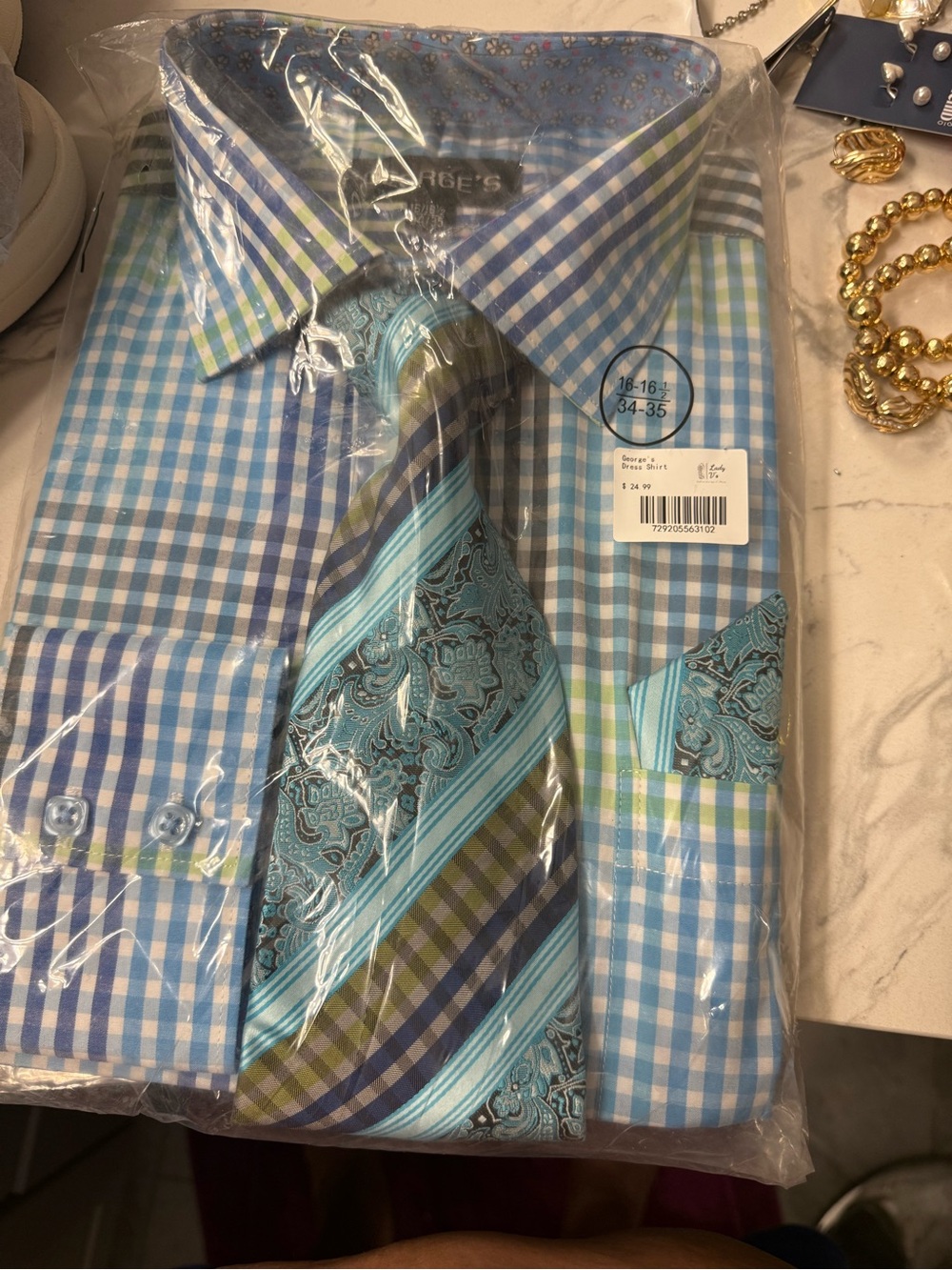 George Blue and Teal Check Dress Shirt with Paisley Tie